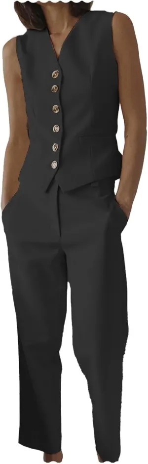 Women's 2 Piece Pant Suit V Neck Waistcoat Slim Fit Vest Summer Set
