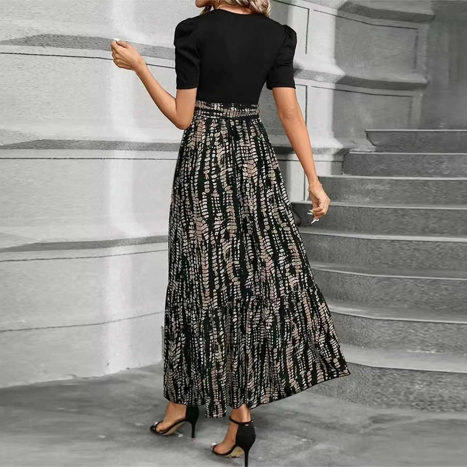 Women's Casual Long Flowy Dresses Ruffle Short Sleeve Floral Printed Dresses with Pockets Summer 2025 Maxi Dress