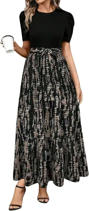 Women's Casual Long Flowy Dresses Ruffle Short Sleeve Floral Printed Dresses with Pockets Summer 2025 Maxi Dress