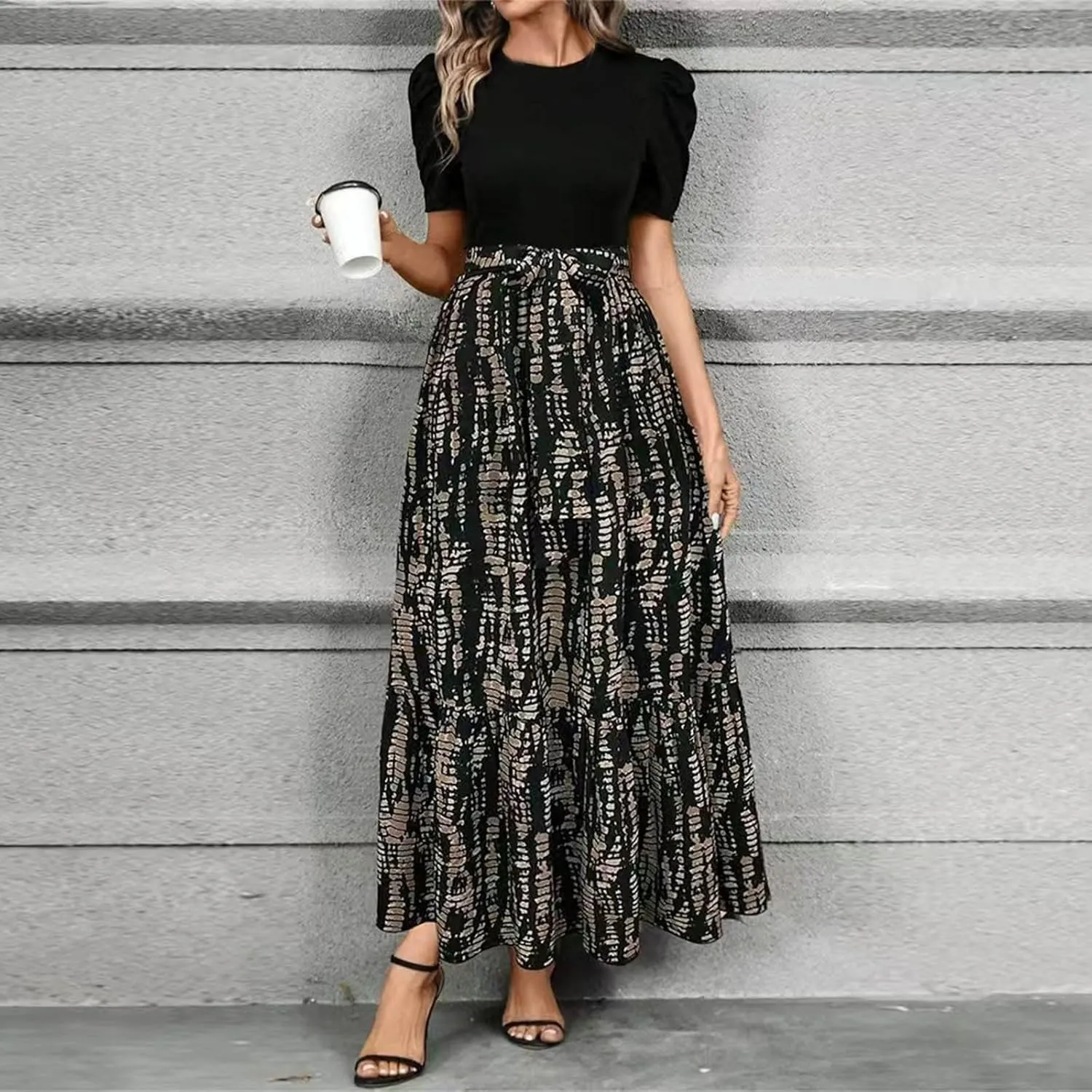 Women's Casual Long Flowy Dresses Ruffle Short Sleeve Floral Printed Dresses with Pockets Summer 2025 Maxi Dress