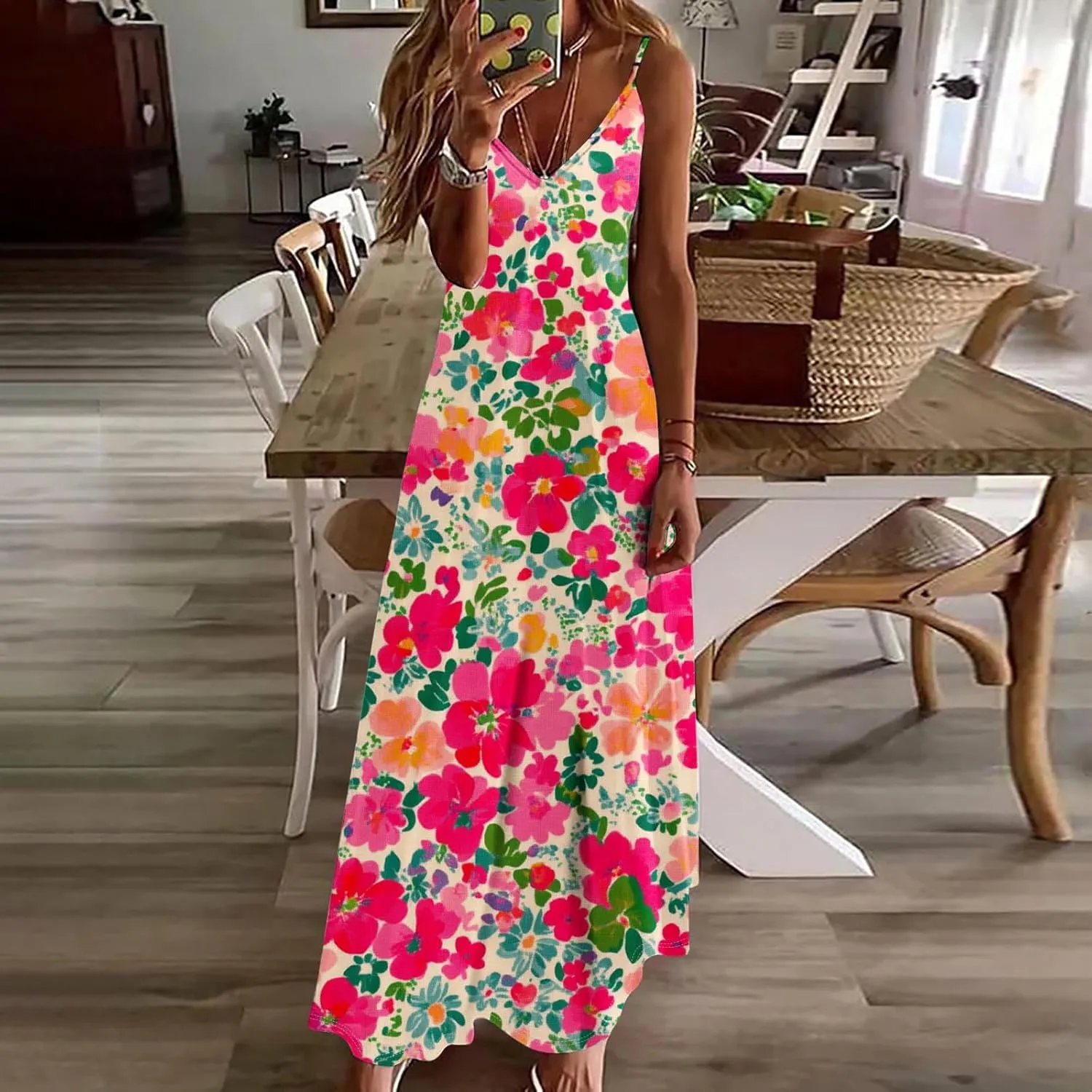 Womens Floral Sundresses Spaghetti Strap Summer Dresses Sleeveless V Neck Maxi Dress Sexy A Line Beach Cami Dress