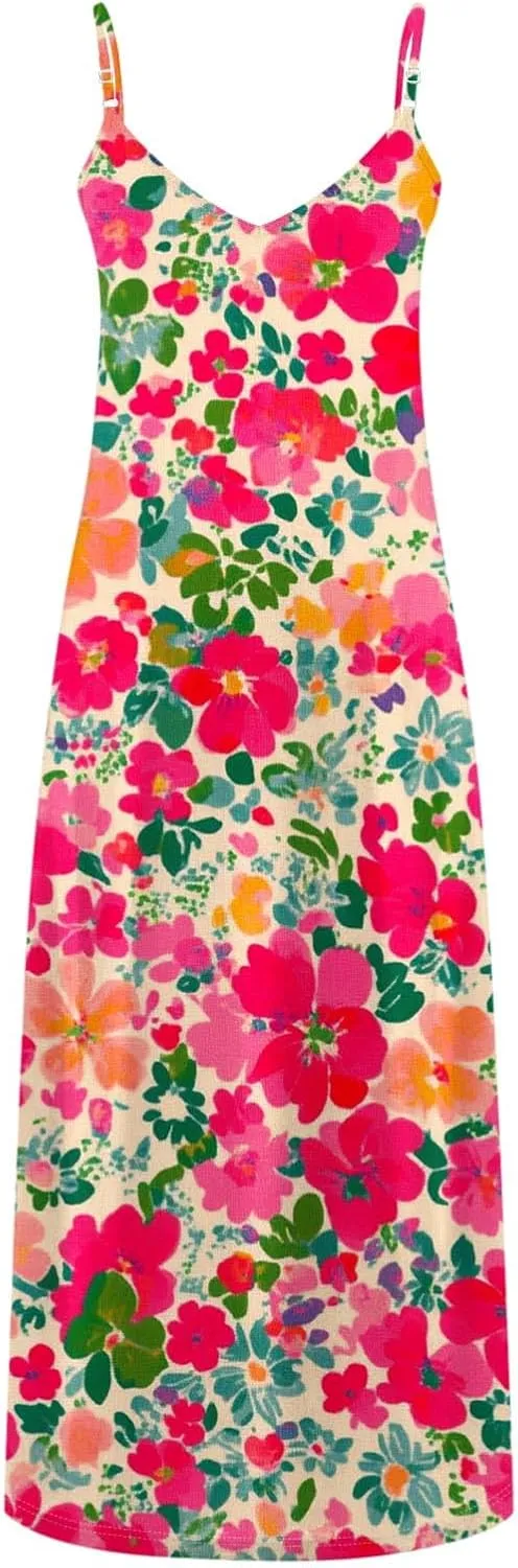 Womens Floral Sundresses Spaghetti Strap Summer Dresses Sleeveless V Neck Maxi Dress Sexy A Line Beach Cami Dress