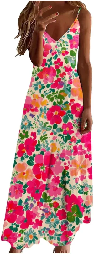 Womens Floral Sundresses Spaghetti Strap Summer Dresses Sleeveless V Neck Maxi Dress Sexy A Line Beach Cami Dress