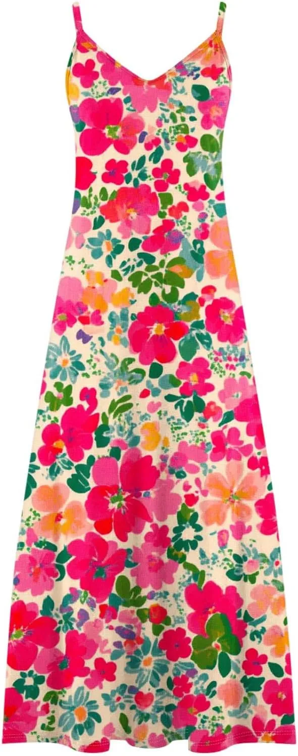 Womens Floral Sundresses Spaghetti Strap Summer Dresses Sleeveless V Neck Maxi Dress Sexy A Line Beach Cami Dress