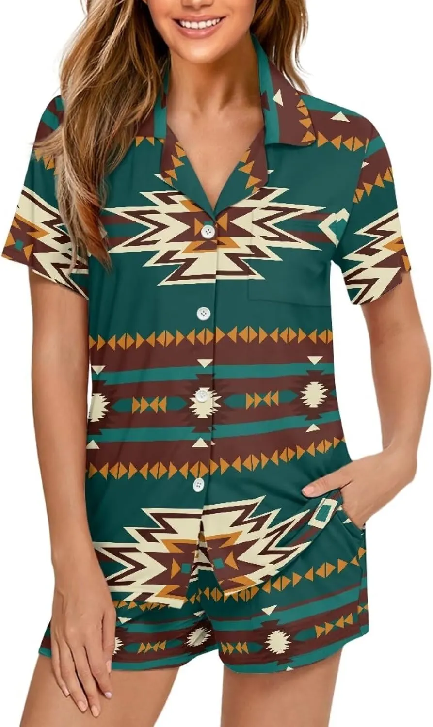 Women's Short Sleeve Pajama Sets Button Down Lightweight Summer Loungewear with Pockets