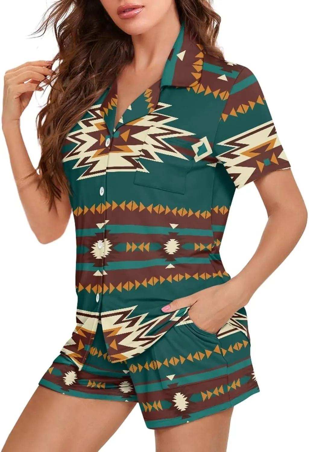 Women's Short Sleeve Pajama Sets Button Down Lightweight Summer Loungewear with Pockets